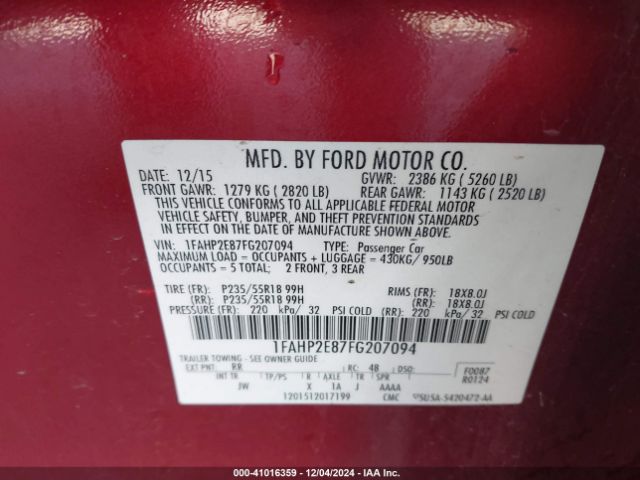 1FAHP2E87FG207094 Ford TAURUS SEL