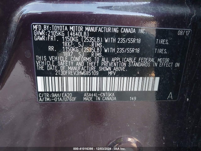Toyota Rav4 Limited 2017 2T3DFREV3HW685109 Image 9