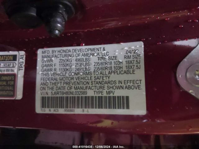 5J6RT6H80NL032989 Honda Cr-v Hybrid Ex-l