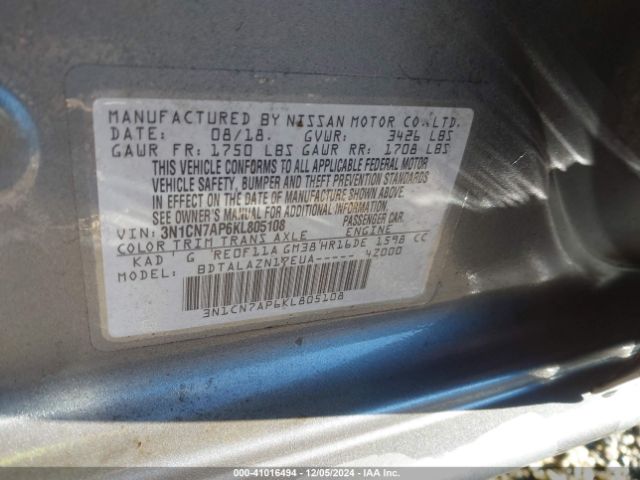 3N1CN7AP6KL805108 Nissan Versa 1.6 S+