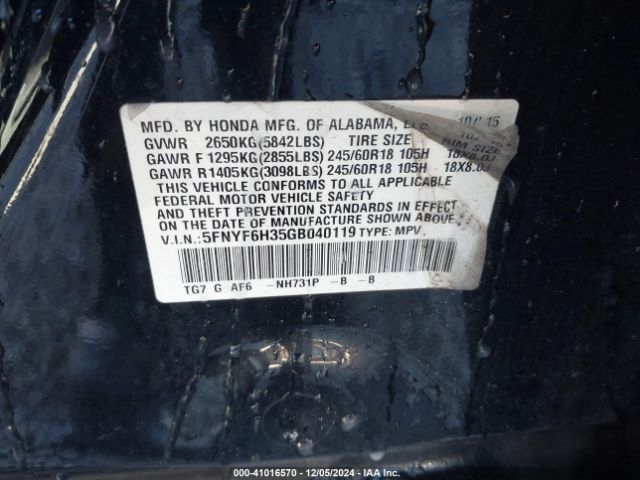 5FNYF6H35GB040119 Honda Pilot Ex