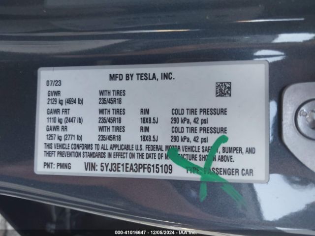 5YJ3E1EA3PF615109 Tesla Model 3 Rear-wheel Drive