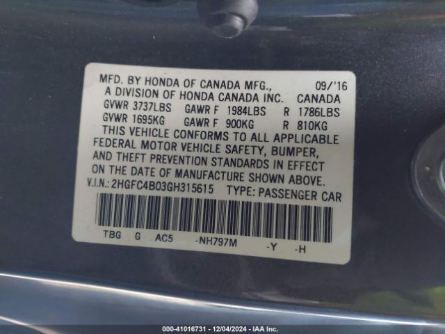 2HGFC4B03GH315615 Honda Civic Lx-p