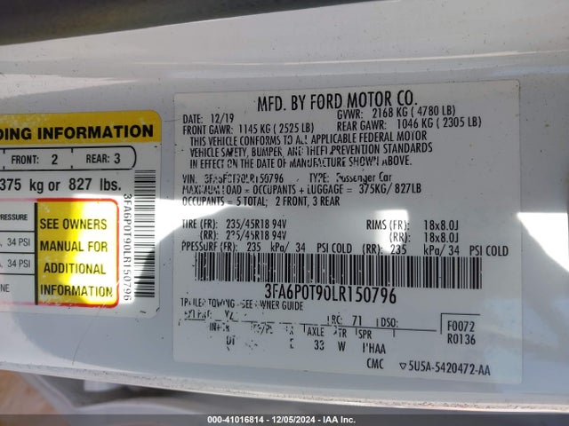 Ford FUSION SE 2020 3FA6P0T90LR150796 Image 9
