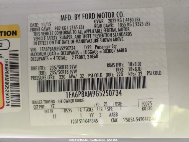 1FA6P8AM9G5250734 Ford Mustang V6