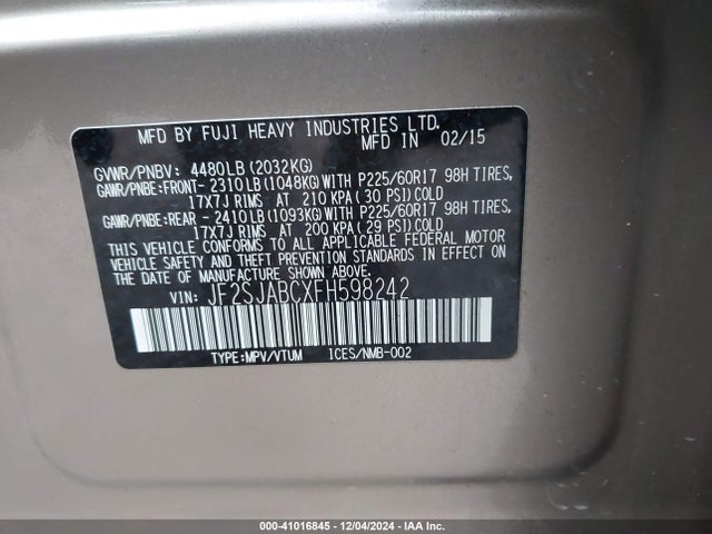 Subaru Forester 2.5i 2015 JF2SJABCXFH598242 Image 9