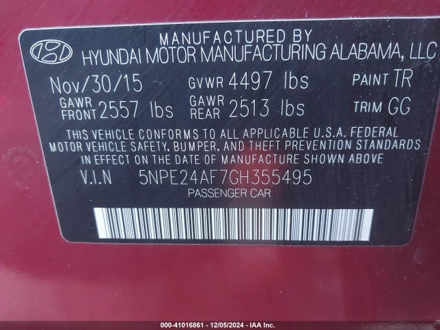 Hyundai SONATA SE 2016 5NPE24AF7GH355495 Image 9