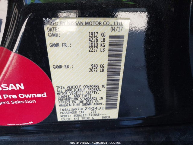Nissan Altima 2.5 Sv 2017 1N4AL3AP7HC240431 Image 9