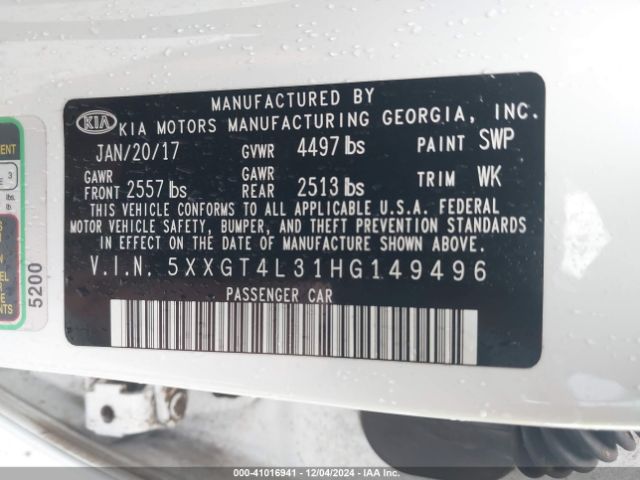 5XXGT4L31HG149496 KIA Optima Lx