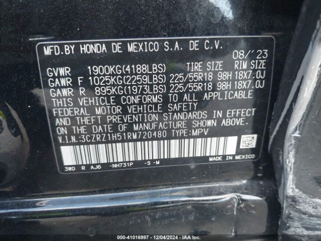 3CZRZ1H51RM720480 Honda Hr-v 2wd Sport/2wd Sport W/o Bsi
