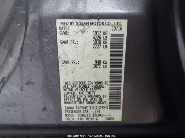 1N4AL3AP0HC141093 Nissan Altima 2.5 Sv
