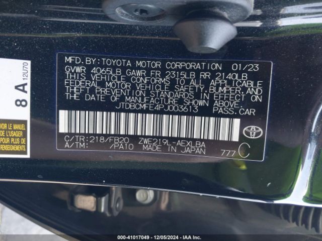 JTDBCMFE4PJ003613 Toyota 2zr-fxe, 1vm