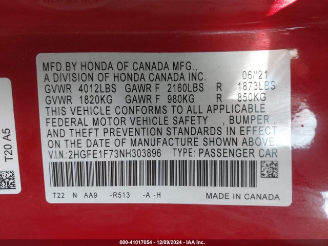 Honda CIVIC EX 2022 2HGFE1F73NH303896 Image 9