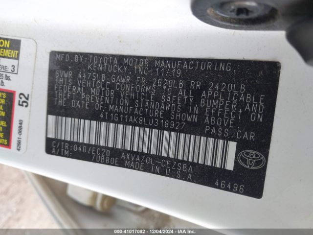 4T1G11AK8LU318927 Toyota Camry Se Nightshade Edition