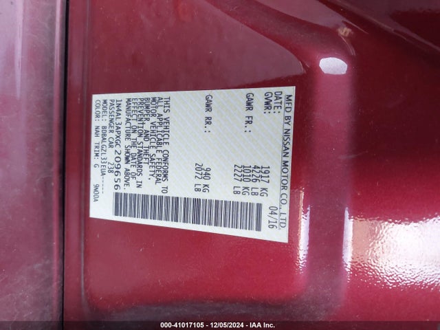 1N4AL3APXGC209656 Nissan Altima 2.5/2.5 S/2.5 Sl/2.5 Sr/2.5 Sv