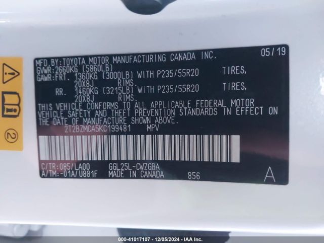 2T2BZMCA5KC199481 Lexus RX 350
