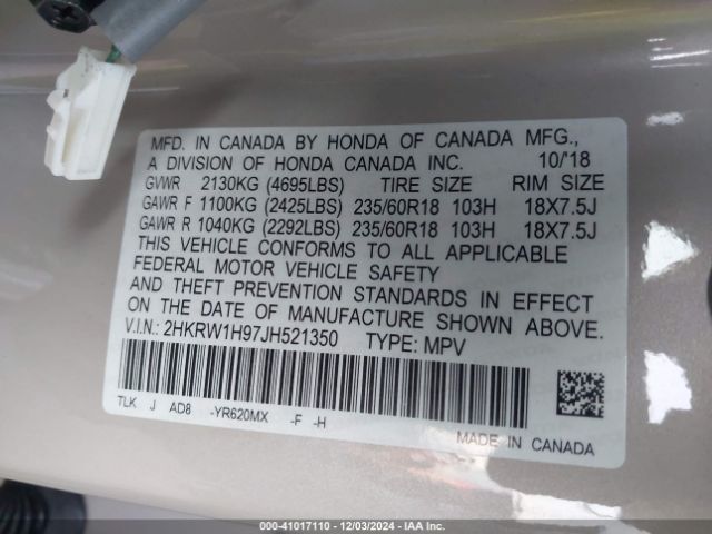 2HKRW1H97JH521350 Honda Cr-v Touring