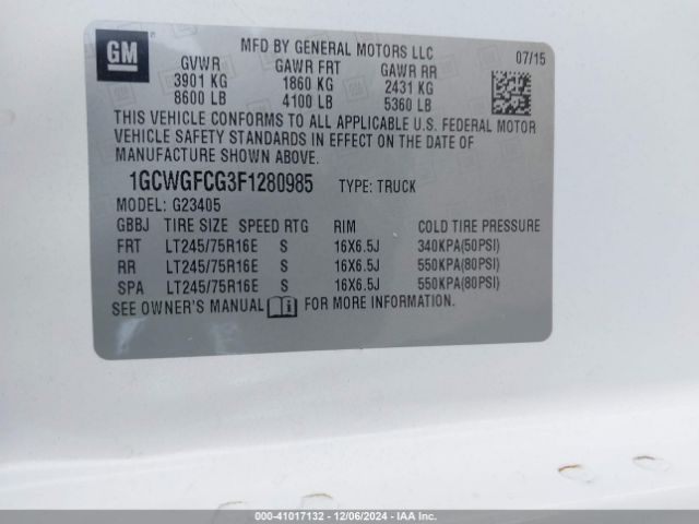 1GCWGFCG3F1280985 Chevrolet Express 2500 Work Van