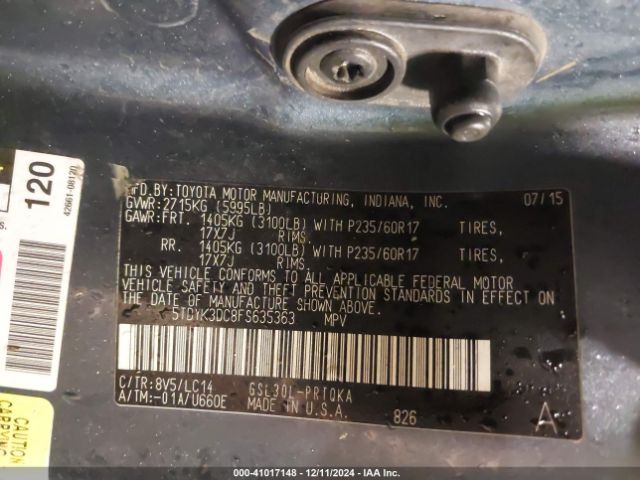 5TDYK3DC8FS635363 Toyota Sienna Xle/limited