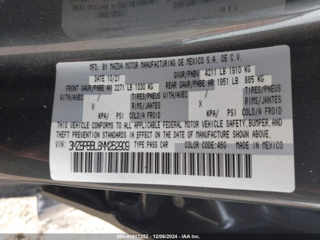 3MZBPBBL8MM252909 Mazda Mazda3 Select