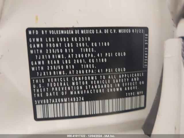 3VV8B7AX6NM149374 Volkswagen Tiguan 2.0t Se R-line Black