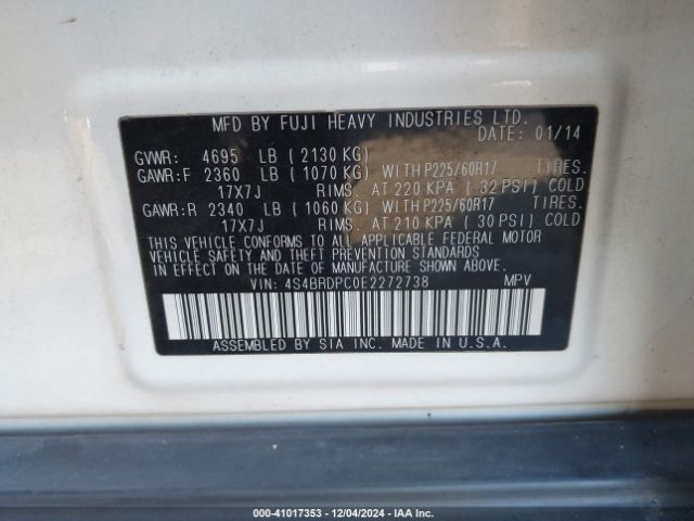 4S4BRDPC0E2272738 Subaru Outback 3.6r Limited