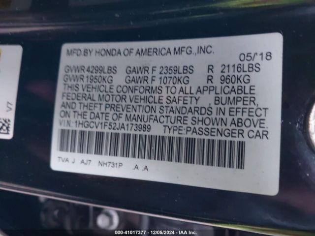 1HGCV1F52JA173989 Honda Accord Ex-l