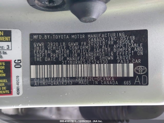 Toyota COROLLA LE 2018 2T1BURHE5JC124130 Image 9
