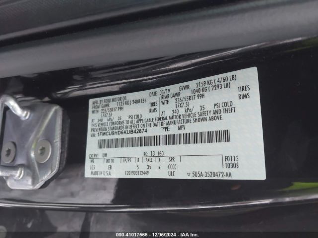 1FMCU9HD6KUB42874 Ford ESCAPE SEL