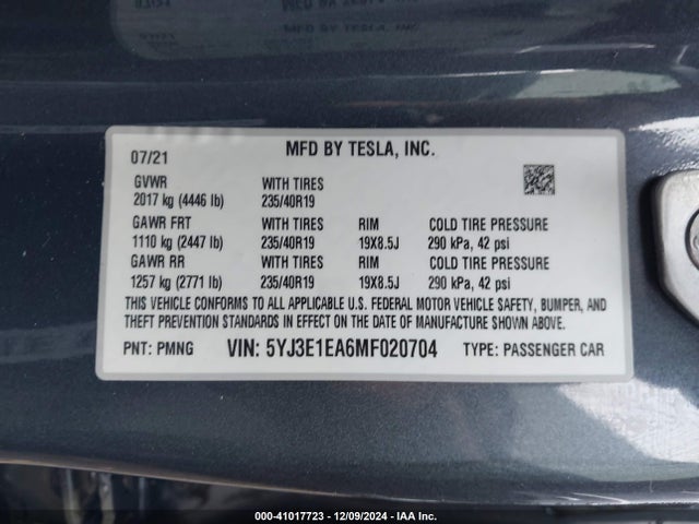 2021 TESLA MODEL 3 5YJ3E1EA6MF020704 Photo 8