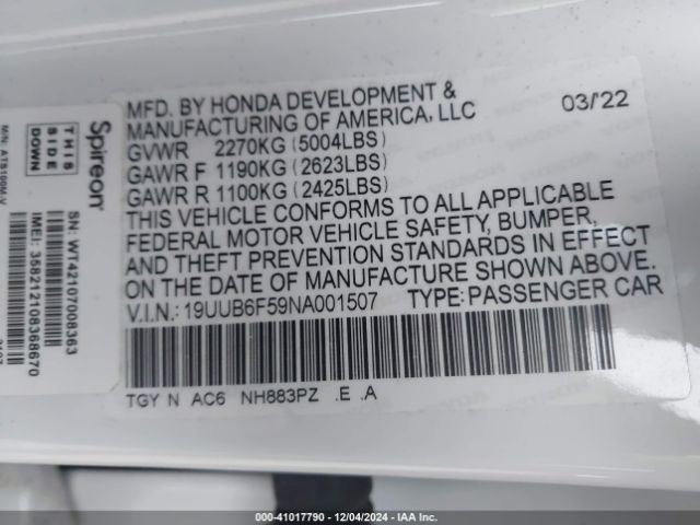19UUB6F59NA001507 Acura Tlx A-spec Package