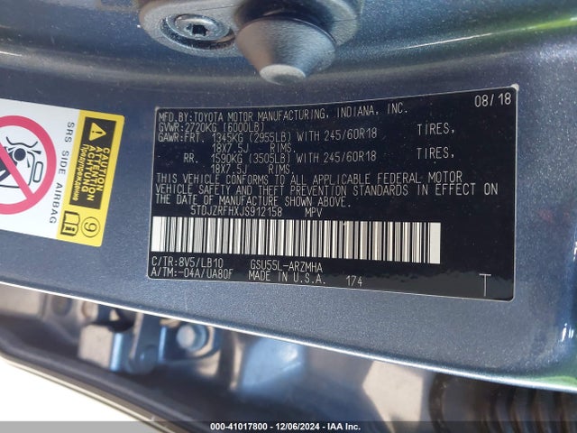 Toyota Highlander Xle 2018 5TDJZRFHXJS912158 Image 9