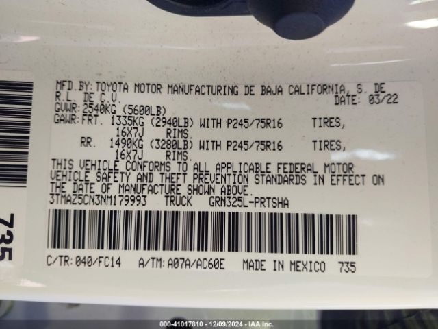 3TMAZ5CN3NM179993 Toyota Tacoma Sr5 V6