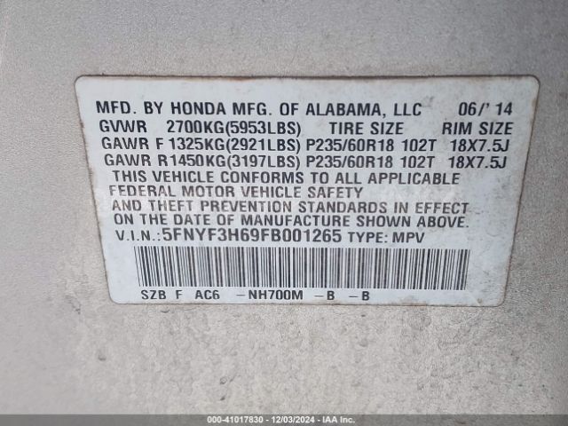 5FNYF3H69FB001265 Honda Pilot Ex-l
