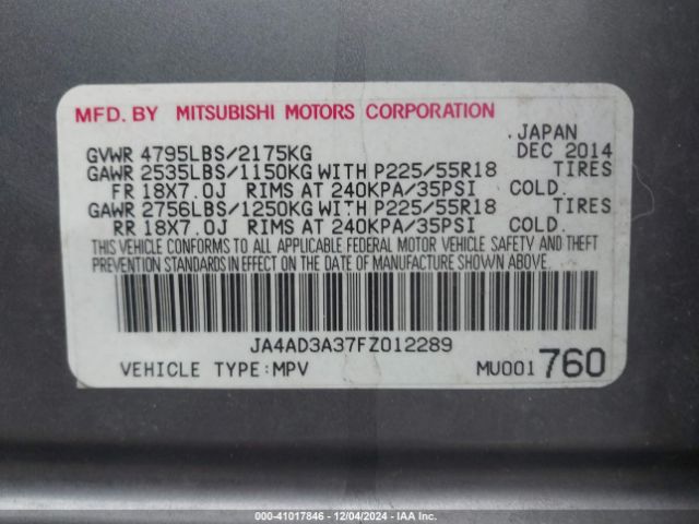 JA4AD3A37FZ012289 Mitsubishi Outlander Se