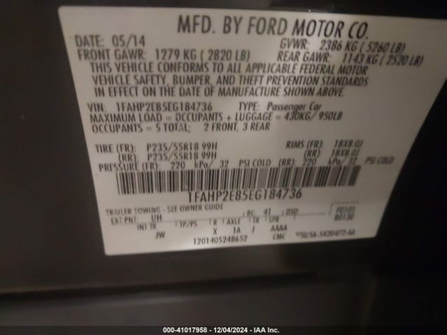 1FAHP2E85EG184736 Ford TAURUS SEL