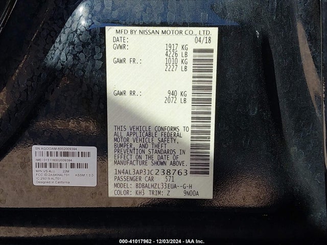 Auction sale of the 2018 Nissan Altima 2.5 Sr, vin: 1N4AL3AP3JC238763, lot number: 41017962