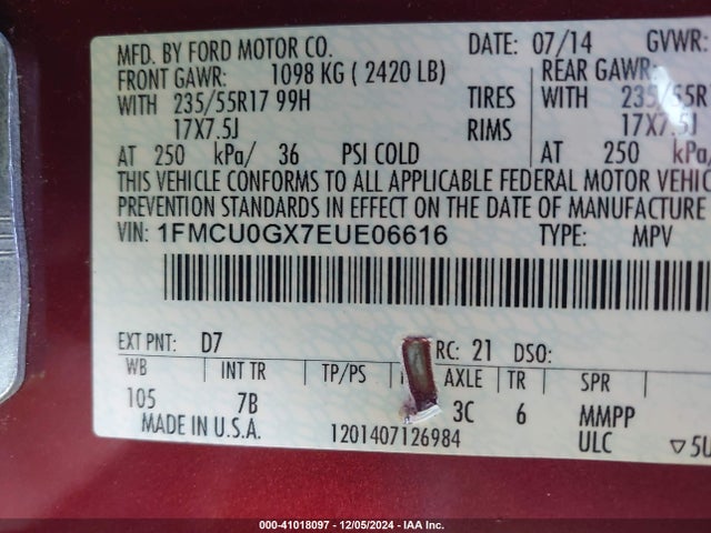 Ford ESCAPE SE 2014 1FMCU0GX7EUE06616 Image 9