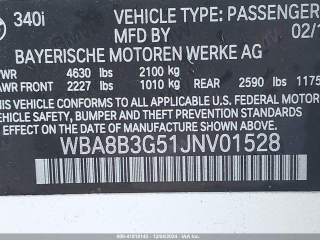 Aukcja sprzedaży 2018 Bmw 340i, vin: WBA8B3G51JNV01528, numer aukcji: 41018142