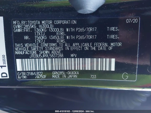 Toyota 4runner Sr5 Premium 2020 JTEBU5JR9L5837288 Image 9