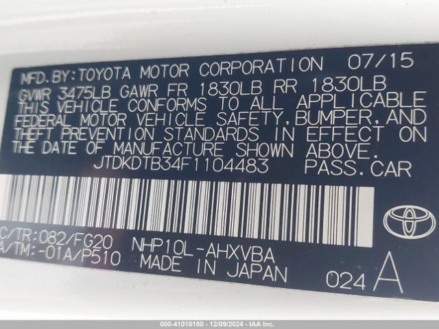 JTDKDTB34F1104483 Toyota Prius C Two