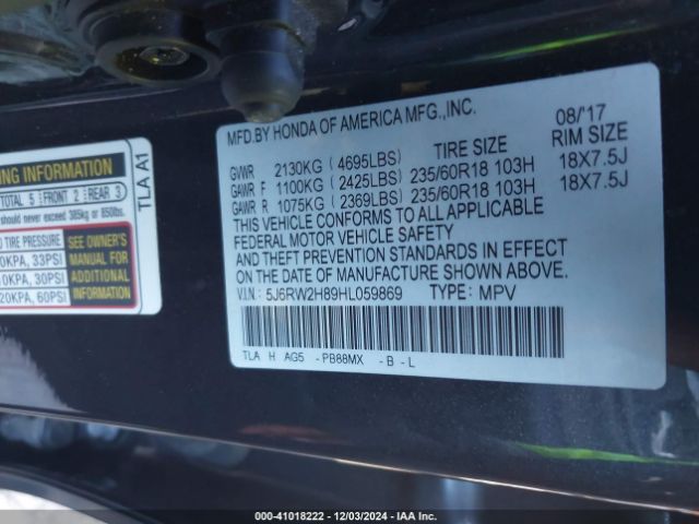 5J6RW2H89HL059869 Honda Cr-v Ex-l/ex-l Navi