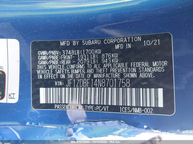 JF1ZDBF14N8701758 Subaru Brz Limited