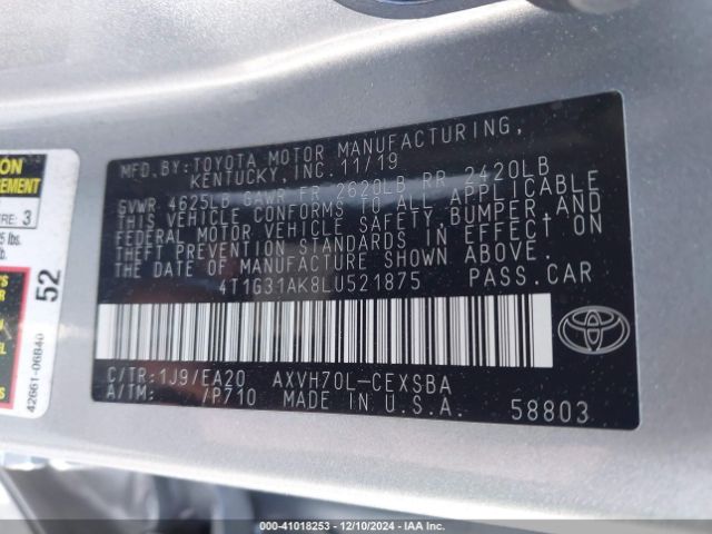 4T1G31AK8LU521875 Toyota Camry Se Hybrid