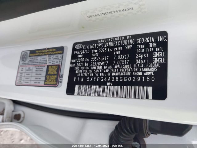 5XYPG4A38GG029180 KIA Sorento 2.4l Lx