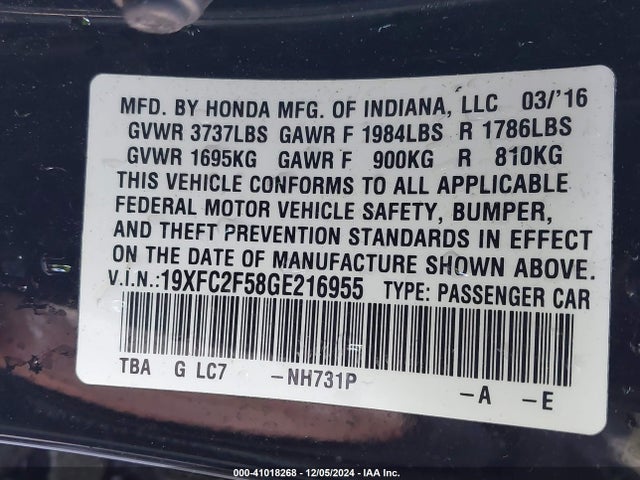 Honda Civic Lx 2016 19XFC2F58GE216955 Image 9