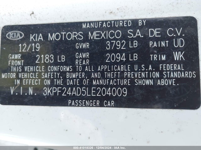 3KPF24AD5LE204009 KIA Forte Lxs