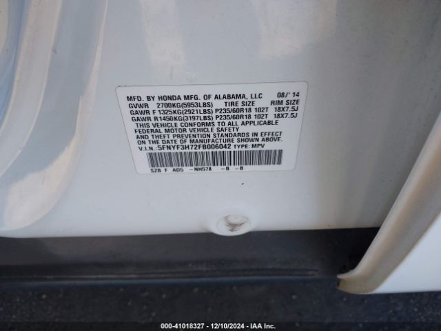 5FNYF3H72FB006042 Honda Pilot Ex-l