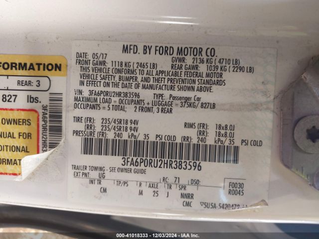 3FA6P0RU2HR383596 Ford Fusion Hybrid Titanium