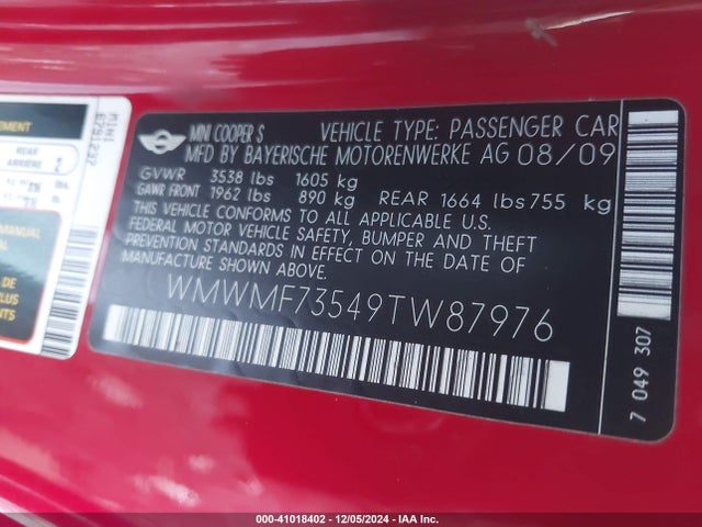 2009 MINI COOPER S WMWMF73549TW87976 Photo 8